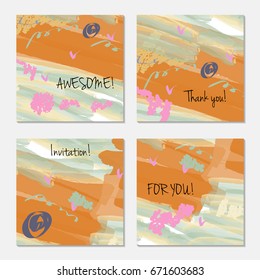 Hand drawn creative invitation greeting cards. Invitation party card template. Set of 4 isolated on layer. Abstract creative universal doodles. Roughly brushed floral motifs. Vector illustration.