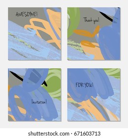Hand drawn creative invitation greeting cards. Invitation party card template. Set of 4 isolated on layer. Abstract creative universal doodles. Roughly brushed floral motifs. Vector illustration.