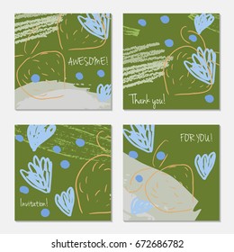 Hand drawn creative invitation greeting cards. Invitation party card template. Set of 4 isolated on layer. Abstract creative universal doodles. Roughly brushed floral motifs. Vector illustration.