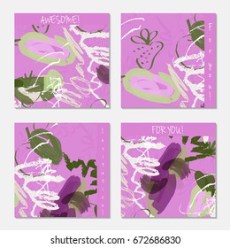 Hand drawn creative invitation greeting cards. Invitation party card template. Set of 4 isolated on layer. Abstract creative universal doodles. Roughly brushed floral motifs. Vector illustration.