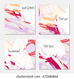 Hand drawn creative invitation greeting cards. Invitation party card template. Set of 4 isolated on layer. Abstract creative universal doodles. Roughly brushed floral motifs. Vector illustration.