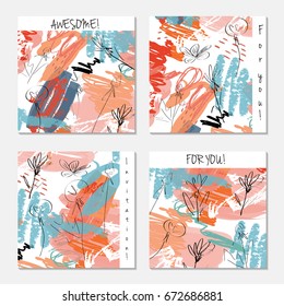 Hand drawn creative invitation greeting cards. Invitation party card template. Set of 4 isolated on layer. Abstract creative universal doodles. Roughly brushed floral motifs. Vector illustration.