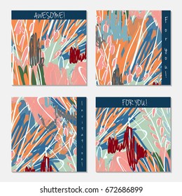Hand drawn creative invitation greeting cards. Invitation party card template. Set of 4 isolated on layer. Abstract creative universal doodles. Roughly brushed floral motifs. Vector illustration.