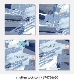 Hand drawn creative invitation greeting cards. Invitation party card template. Set of 4 isolated on layer. Abstract creative universal doodles. Roughly brushed floral motifs. Vector illustration.