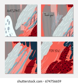 Hand drawn creative invitation greeting cards. Invitation party card template. Set of 4 isolated on layer. Abstract creative universal doodles. Roughly brushed floral motifs. Vector illustration.