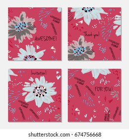 Hand drawn creative invitation greeting cards. Invitation party card template. Set of 4 isolated on layer. Abstract creative universal doodles. Roughly brushed floral motifs. Vector illustration.