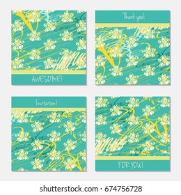 Hand drawn creative invitation greeting cards. Invitation party card template. Set of 4 isolated on layer. Abstract creative universal doodles. Roughly brushed floral motifs. Vector illustration.