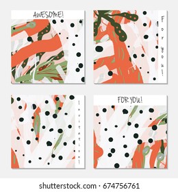 Hand drawn creative invitation greeting cards. Invitation party card template. Set of 4 isolated on layer. Abstract creative universal doodles. Roughly brushed floral motifs. Vector illustration.