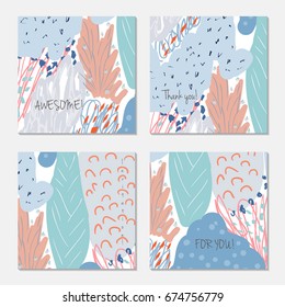 Hand drawn creative invitation greeting cards. Invitation party card template. Set of 4 isolated on layer. Abstract creative universal doodles. Roughly brushed floral motifs. Vector illustration.