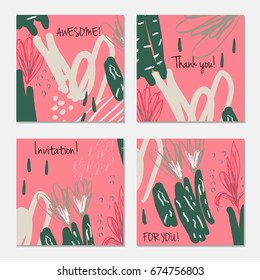 Hand drawn creative invitation greeting cards. Invitation party card template. Set of 4 isolated on layer. Abstract creative universal doodles. Roughly brushed floral motifs. Vector illustration.