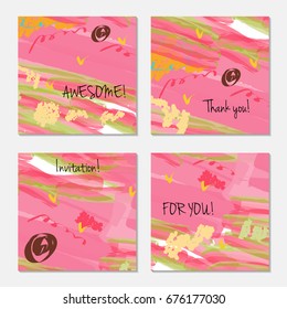 Hand drawn creative invitation greeting cards. Invitation party card template. Set of 4 isolated on layer. Abstract creative universal doodles. Roughly brushed floral motifs. Vector illustration.