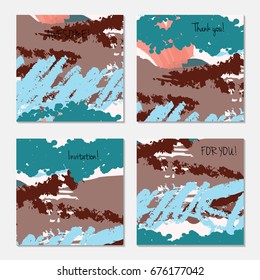 Hand drawn creative invitation greeting cards. Invitation party card template. Set of 4 isolated on layer. Abstract creative universal doodles. Roughly brushed floral motifs. Vector illustration.