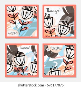 Hand drawn creative invitation greeting cards. Invitation party card template. Set of 4 isolated on layer. Abstract creative universal doodles. Roughly brushed floral motifs. Vector illustration.