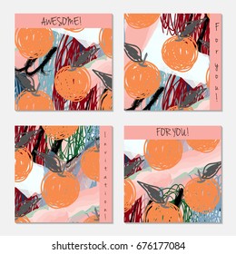 Hand drawn creative invitation greeting cards. Invitation party card template. Set of 4 isolated on layer. Abstract creative universal doodles. Roughly brushed floral motifs. Vector illustration.