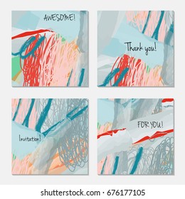 Hand drawn creative invitation greeting cards. Invitation party card template. Set of 4 isolated on layer. Abstract creative universal doodles. Roughly brushed floral motifs. Vector illustration.