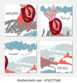 Hand drawn creative invitation greeting cards. Invitation party card template. Set of 4 isolated on layer. Abstract creative universal doodles. Roughly brushed floral motifs. Vector illustration.