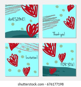 Hand drawn creative invitation greeting cards. Invitation party card template. Set of 4 isolated on layer. Abstract creative universal doodles. Roughly brushed floral motifs. Vector illustration.