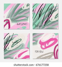 Hand drawn creative invitation greeting cards. Invitation party card template. Set of 4 isolated on layer. Abstract creative universal doodles. Roughly brushed floral motifs. Vector illustration.