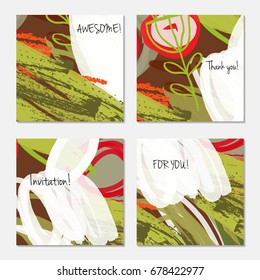 Hand drawn creative invitation greeting cards. Invitation party card template. Set of 4 isolated on layer. Abstract creative universal doodles. Roughly brushed floral motifs. Vector illustration.