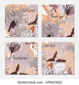 Hand drawn creative invitation greeting cards. Invitation party card template. Set of 4 isolated on layer. Abstract creative universal doodles. Roughly brushed floral motifs. Vector illustration.