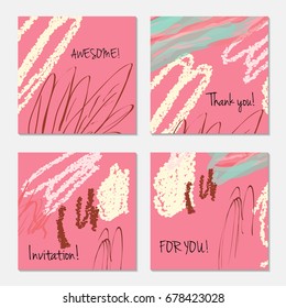 Hand drawn creative invitation greeting cards. Invitation party card template. Set of 4 isolated on layer. Abstract creative universal doodles. Roughly brushed floral motifs. Vector illustration.