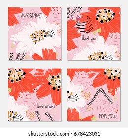 Hand drawn creative invitation greeting cards. Invitation party card template. Set of 4 isolated on layer. Abstract creative universal doodles. Roughly brushed floral motifs. Vector illustration.