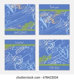 Hand drawn creative invitation greeting cards. Invitation party card template. Set of 4 isolated on layer. Abstract creative universal doodles. Roughly brushed floral motifs. Vector illustration.