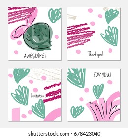 Hand drawn creative invitation greeting cards. Invitation party card template. Set of 4 isolated on layer. Abstract creative universal doodles. Roughly brushed floral motifs. Vector illustration.