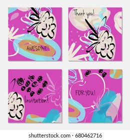 Hand drawn creative invitation greeting cards. Invitation party card template. Set of 4 isolated on layer. Abstract creative universal doodles. Roughly brushed floral motifs. Vector illustration.