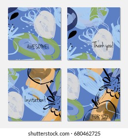 Hand drawn creative invitation greeting cards. Invitation party card template. Set of 4 isolated on layer. Abstract creative universal doodles. Roughly brushed floral motifs. Vector illustration.