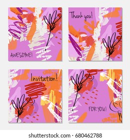 Hand drawn creative invitation greeting cards. Invitation party card template. Set of 4 isolated on layer. Abstract creative universal doodles. Roughly brushed floral motifs. Vector illustration.