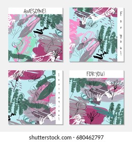 Hand drawn creative invitation greeting cards. Invitation party card template. Set of 4 isolated on layer. Abstract creative universal doodles. Roughly brushed floral motifs. Vector illustration.