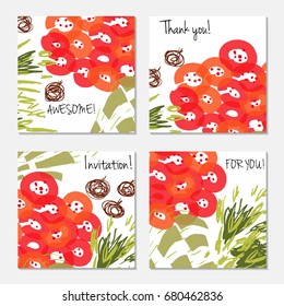 Hand drawn creative invitation greeting cards. Invitation party card template. Set of 4 isolated on layer. Abstract creative universal doodles. Roughly brushed floral motifs. Vector illustration.