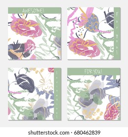 Hand drawn creative invitation greeting cards. Invitation party card template. Set of 4 isolated on layer. Abstract creative universal doodles. Roughly brushed floral motifs. Vector illustration.