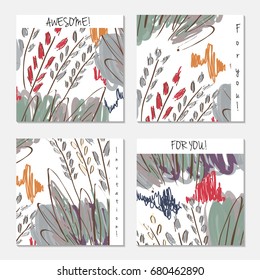 Hand drawn creative invitation greeting cards. Invitation party card template. Set of 4 isolated on layer. Abstract creative universal doodles. Roughly brushed floral motifs. Vector illustration.