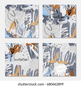 Hand drawn creative invitation greeting cards. Invitation party card template. Set of 4 isolated on layer. Abstract creative universal doodles. Roughly brushed floral motifs. Vector illustration.