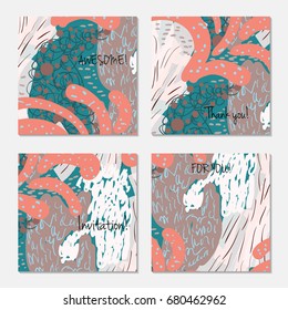 Hand drawn creative invitation greeting cards. Invitation party card template. Set of 4 isolated on layer. Abstract creative universal doodles. Roughly brushed floral motifs. Vector illustration.