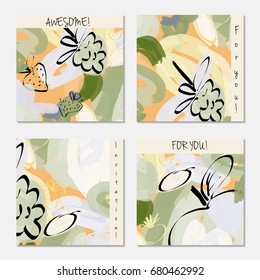 Hand drawn creative invitation greeting cards. Invitation party card template. Set of 4 isolated on layer. Abstract creative universal doodles. Roughly brushed floral motifs. Vector illustration.