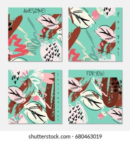 Hand drawn creative invitation greeting cards. Invitation party card template. Set of 4 isolated on layer. Abstract creative universal doodles. Roughly brushed floral motifs. Vector illustration.