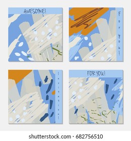 Hand drawn creative invitation greeting cards. Invitation party card template. Set of 4 isolated on layer. Abstract creative universal doodles. Vector illustration.