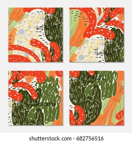 Hand drawn creative invitation greeting cards. Invitation party card template. Set of 4 isolated on layer. Abstract creative universal doodles. Roughly brushed floral motifs. Vector illustration.