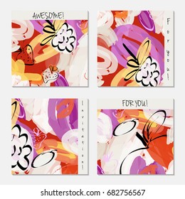 Hand drawn creative invitation greeting cards. Invitation party card template. Set of 4 isolated on layer. Abstract creative universal doodles. Roughly brushed floral motifs. Vector illustration.