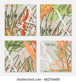 Hand drawn creative invitation greeting cards. Invitation party card template. Set of 4 isolated on layer. Abstract creative universal doodles. Vector illustration.