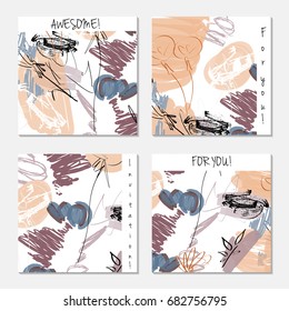 Hand drawn creative invitation greeting cards. Invitation party card template. Set of 4 isolated on layer. Abstract creative universal doodles. Roughly brushed floral motifs. Vector illustration.