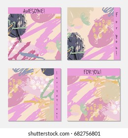 Hand drawn creative invitation greeting cards. Invitation party card template. Set of 4 isolated on layer. Abstract creative universal doodles. Roughly brushed floral motifs. Vector illustration.