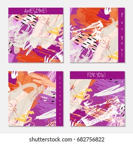 Hand drawn creative invitation greeting cards. Invitation party card template. Set of 4 isolated on layer. Abstract creative universal doodles. Roughly brushed floral motifs. Vector illustration.