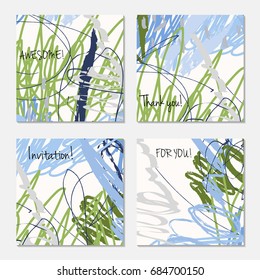 Hand drawn creative invitation greeting cards. Invitation party card template. Set of 4 isolated on layer. Abstract creative universal doodles. Roughly brushed floral motifs. Vector illustration.