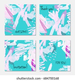 Hand drawn creative invitation greeting cards. Invitation party card template. Set of 4 isolated on layer. Abstract creative universal doodles. Roughly brushed floral motifs. Vector illustration.