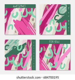 Hand drawn creative invitation greeting cards. Invitation party card template. Set of 4 isolated on layer. Abstract creative universal doodles. Roughly brushed floral motifs. Vector illustration.