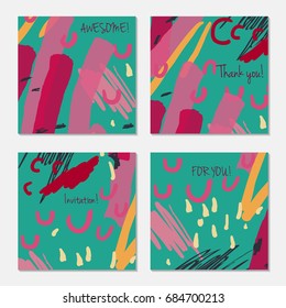 Hand drawn creative invitation greeting cards. Invitation party card template. Set of 4 isolated on layer. Abstract creative universal doodles. Roughly brushed floral motifs. Vector illustration.